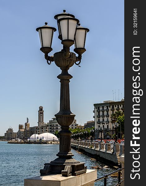 Iconic street lamp along the waterfront in Bari Italy