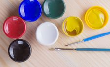 Brush And Many Paint Jars Royalty Free Stock Images