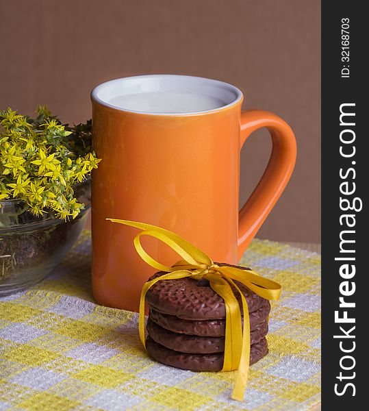 Chocolate  cookies and milk, selective focus