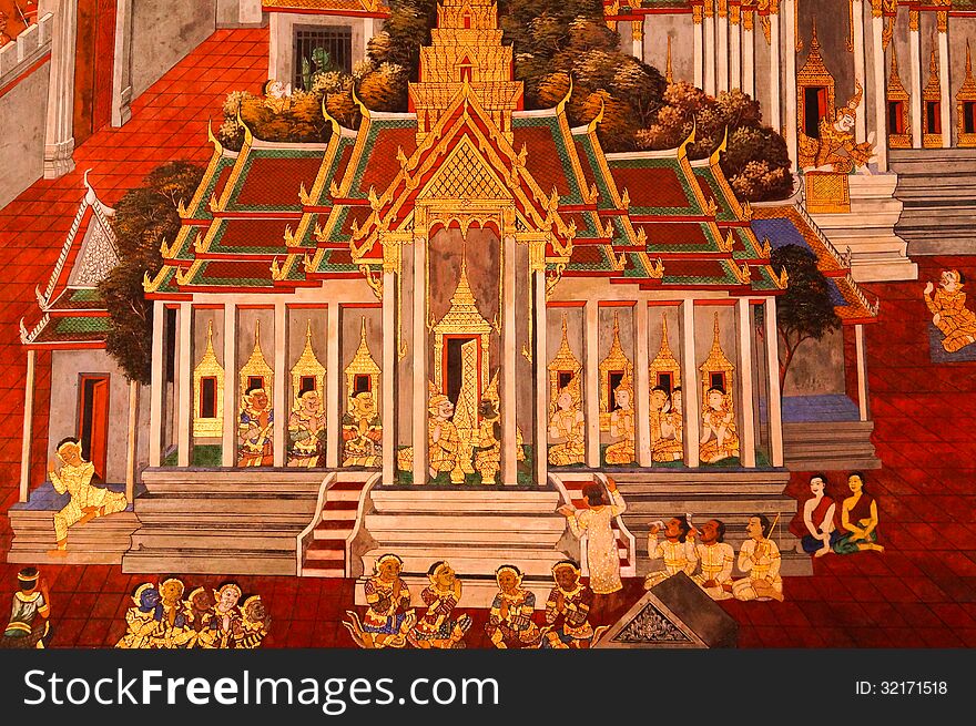 Thai art painting on the wall of Temple of the Emerald Buddha and grand palace for tourists and public.