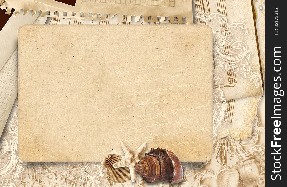 Vintage background with stack old card and seashells