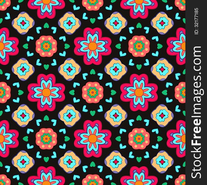 Geometric flower abstract colorful pattern on black background. Vector illustration for your fashion design. Easy to use. Seamless endless funny spring pattern.