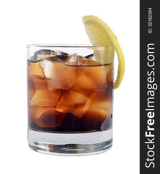 Cocktail with ice cola whiskey on a white