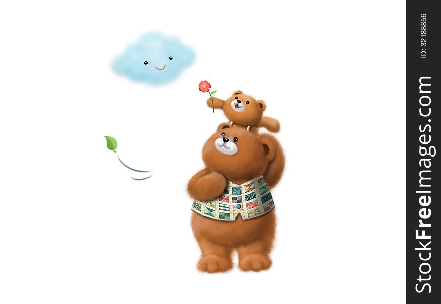 Daddy bear and his son give flower to the cloud. Daddy bear and his son give flower to the cloud