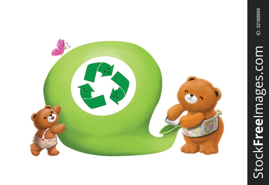 Little bear help his mom to keep junk in the big recycle bag butterfly green. Little bear help his mom to keep junk in the big recycle bag butterfly green