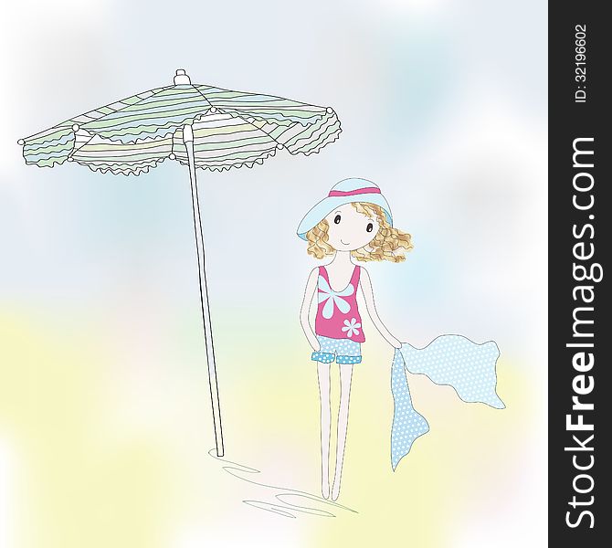 Cute girl on a seaside. Hand-drowing illustration. Cute girl on a seaside. Hand-drowing illustration.