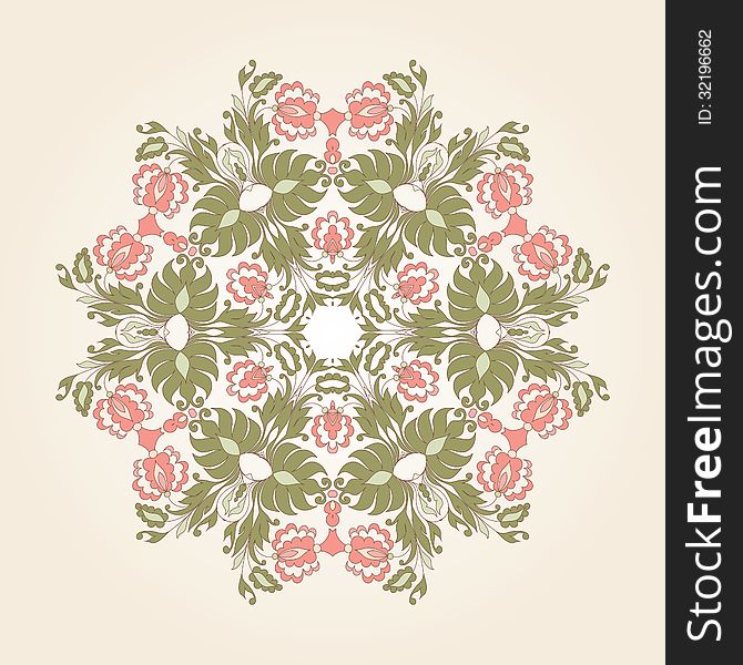 Abstract ornamental circle with vintage floral elements. Round lace.