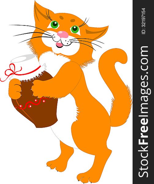 Red cat with a jug of milk isolated utensils