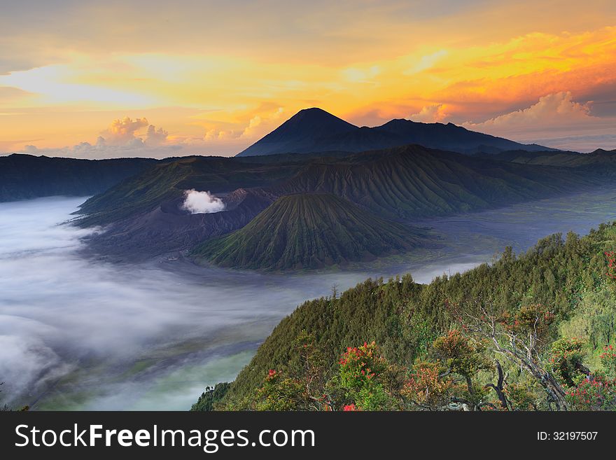 Bromo Mountain in Tengger Semeru National Park at sunrise, East Java, Indonesia