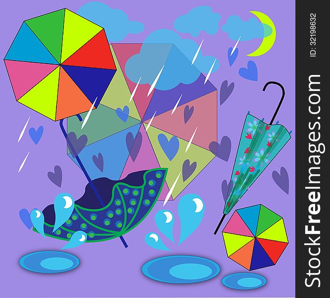 Decor illustarting of umbrellas, wind and rain. Decor illustarting of umbrellas, wind and rain