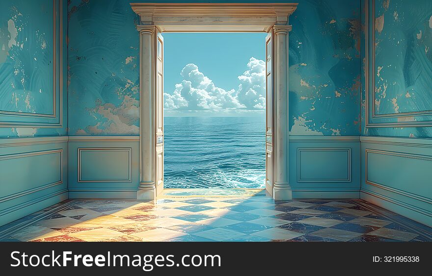 A door at the end of a hallway stands ajar revealing a breathtaking view of the vast ocean and its tranquil horizon. A door at the end of a hallway stands ajar revealing a breathtaking view of the vast ocean and its tranquil horizon
