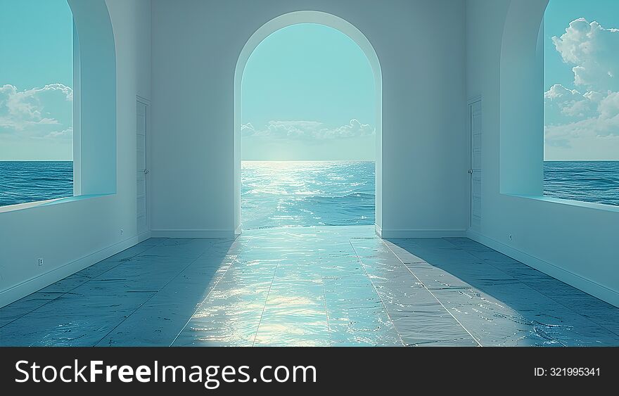 A door at the end of a hallway offers a breathtaking view of the vast ocean ahead bathed in sunlight and tranquility. A door at the end of a hallway offers a breathtaking view of the vast ocean ahead bathed in sunlight and tranquility