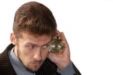 Man Listening Alarm Clock Stock Image Man Listening Alarm Clock Stock Image