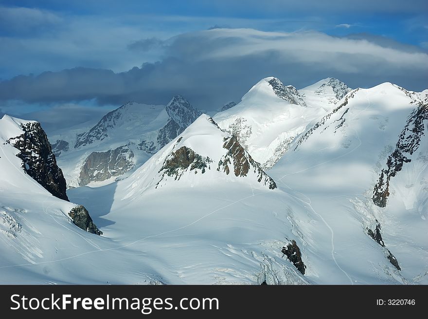Mountain landscape: peaks and glaciers of Monte Rosa massif, west Alps, Europe