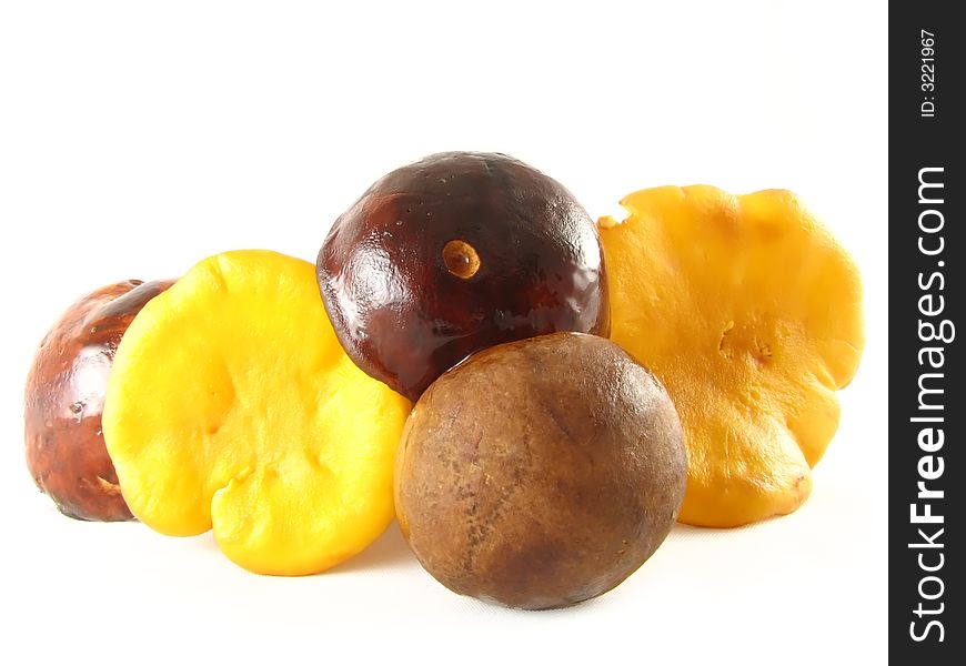 Autumn composition: some color mushrooms on white background