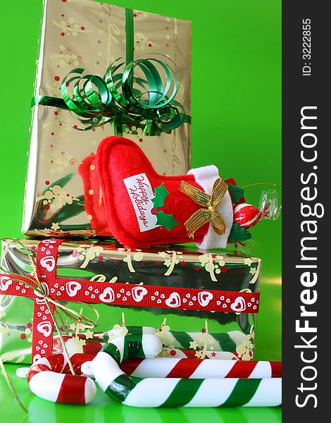 Brightly colored christmas gifts and decorations