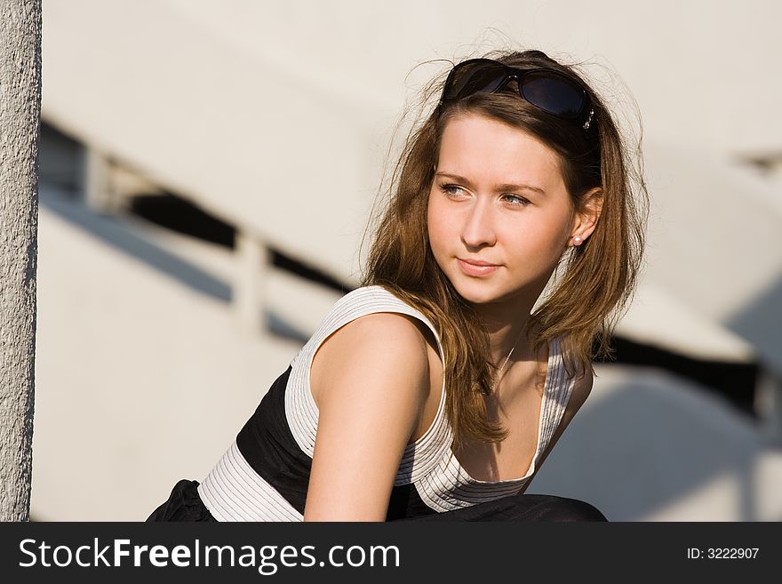 Beauty young woman portrait outdoor on business building