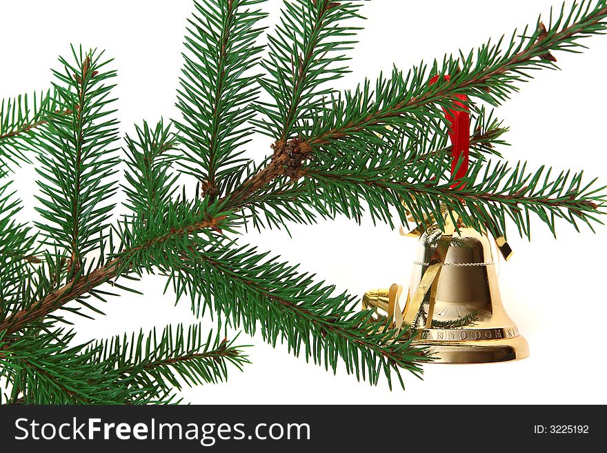 Green branch of fir with decoration bell. Isolated on white background