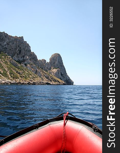 Red Boat Near Es Vedra, Ibiza. Red Boat Near Es Vedra, Ibiza