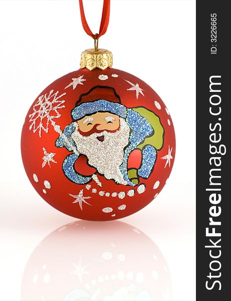 Red christmas tree ball with santa and red ribbon with reflection. Red christmas tree ball with santa and red ribbon with reflection