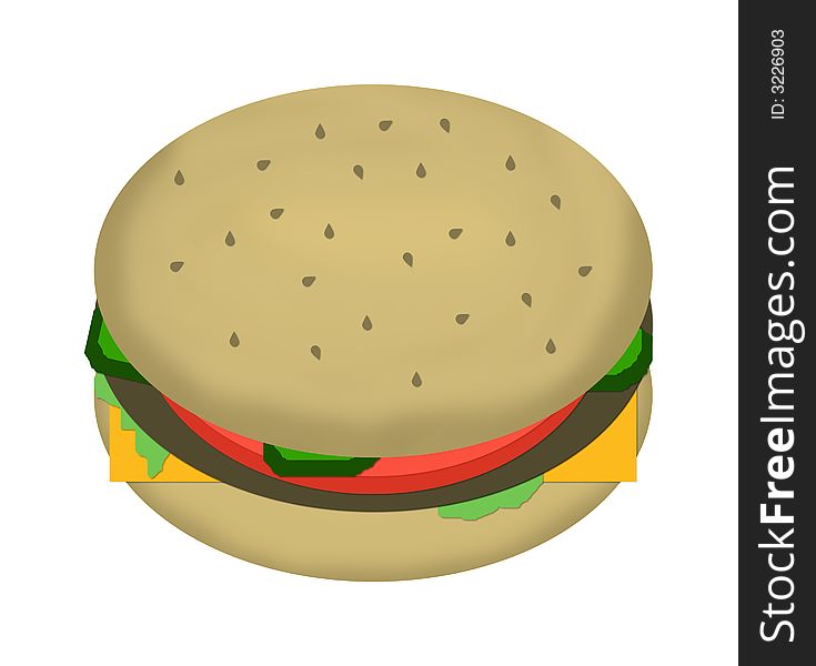 A large, single patty cheeseburger illustration with lettuce, tomato, and pickles on a sesame seed bun.  White background.