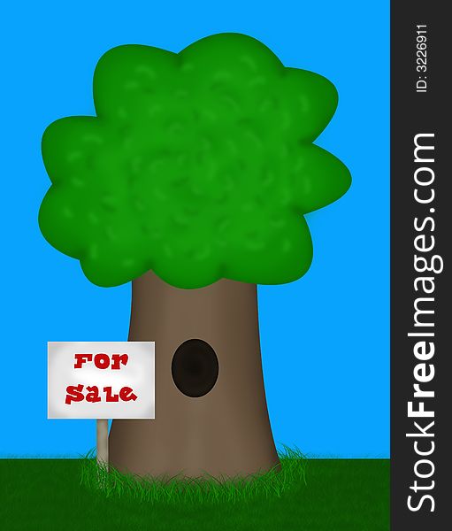 Real estate illustration showing a cartoon type tree with an hole in the trunk and a For Sale sign beside it. Green grass and a beautiful blue sky for background. Real estate illustration showing a cartoon type tree with an hole in the trunk and a For Sale sign beside it. Green grass and a beautiful blue sky for background.