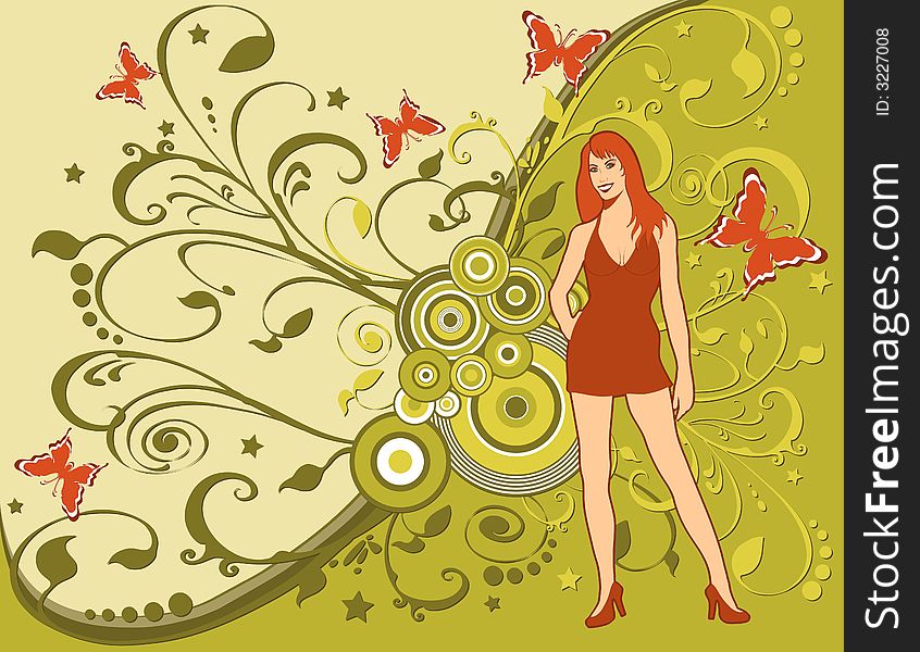 Grunge woman with long flowing hair, foliage, butterflies, stars. Created in earth tone colors. Grunge woman with long flowing hair, foliage, butterflies, stars. Created in earth tone colors.
