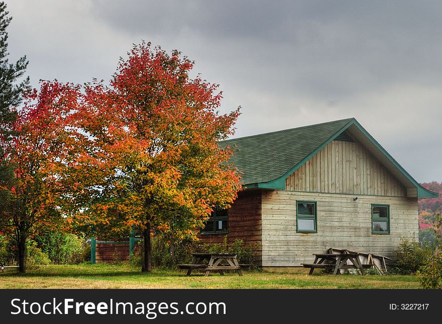 Wooden Hut In Fall