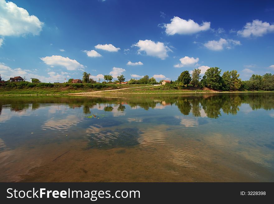 Small village on river bank