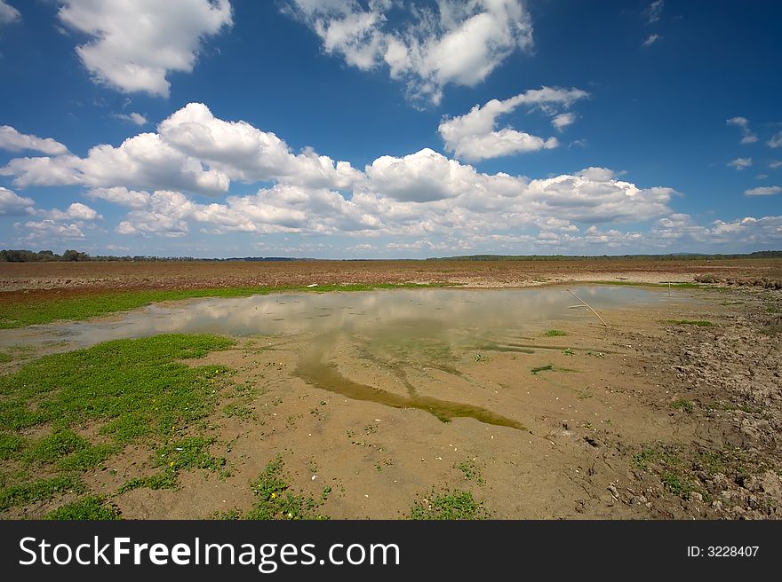 Meadow with small water pond with cloudy sky