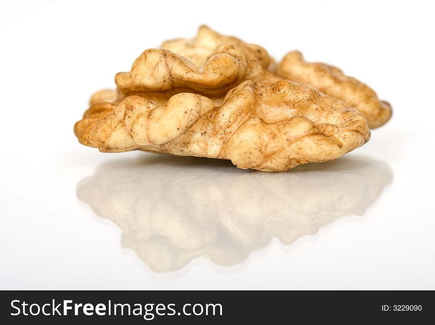 Walnuts close up isolated with reflection