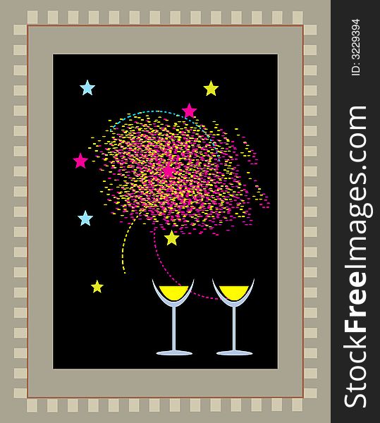 Two glasses of wine with fireworks and decorations all around