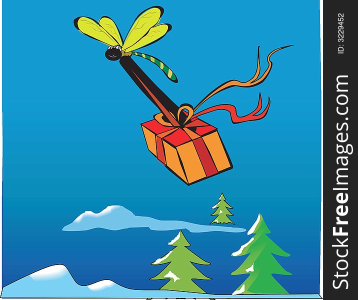 Dragonfly carrying a gift tied with red ribbon in a blue background with clouds, hills and Christmas trees