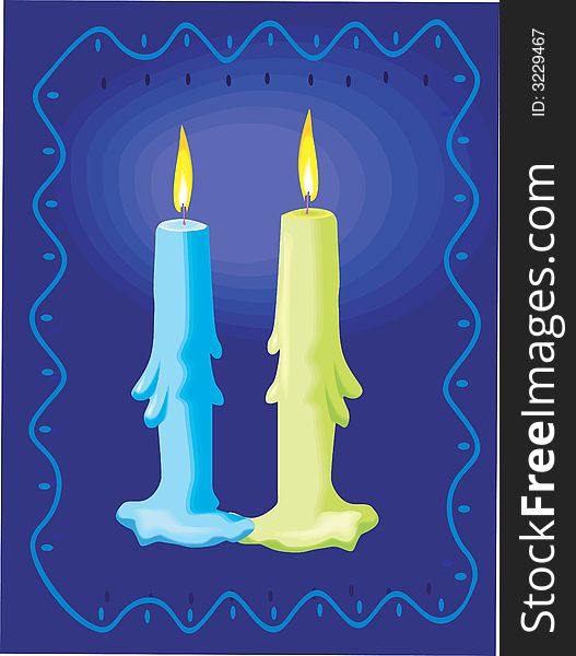 Two candles lighted one in blue and other in yellow colour in a blue background