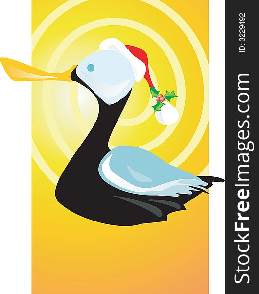 Black duck as Santa with covered eyes and peculiar wings
