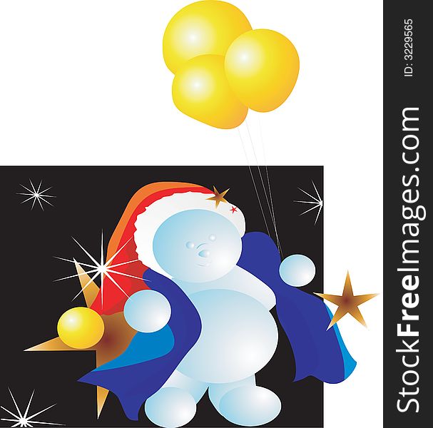 Santa clause in blue jacket and red cap holding three balloons in star light