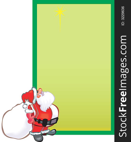 Santa Claus with gift bundle looking at green boarded board