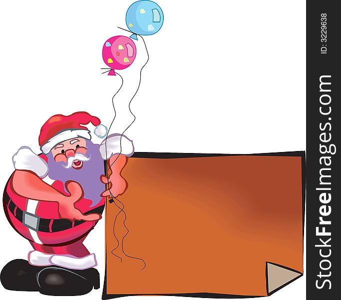 Santa Claus holding balloons and paper