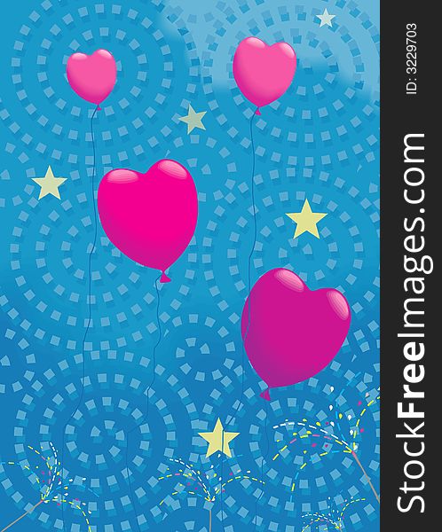 Heart shaped balloons flying in air along with stars