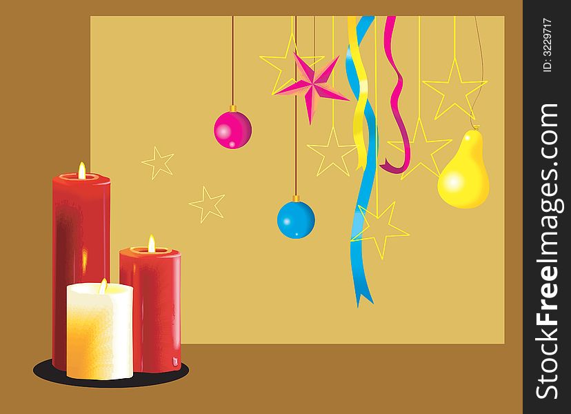 Hanging balloons, stars and ribbons in a background and three candles lighted
