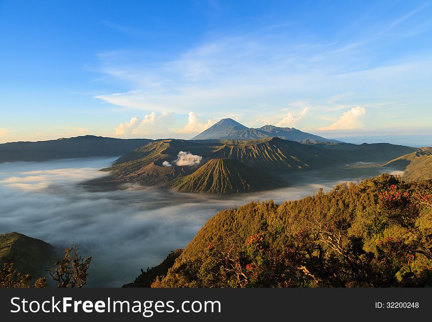 Bromo Mountain in Tengger Semeru National Park at sunrise