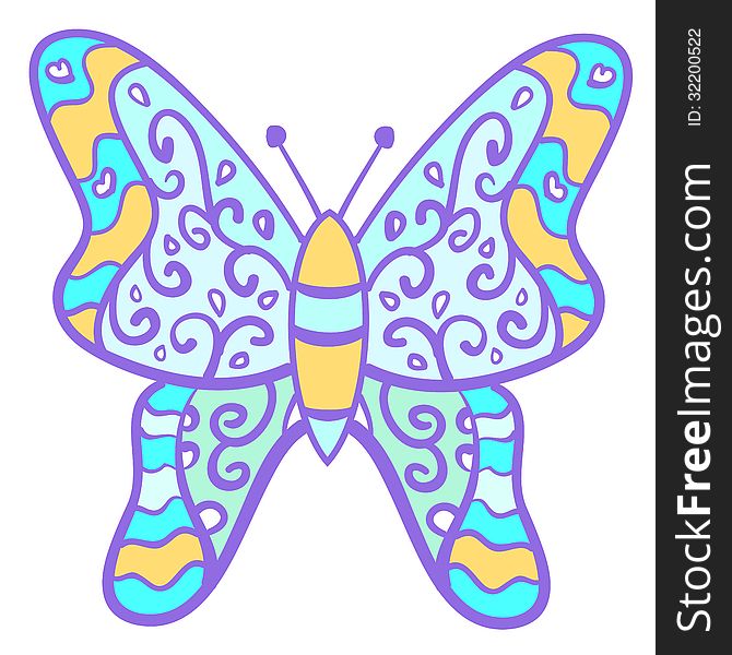 Funny colorful butterfly with curls. Vector illustration for your beautiful design. Purple and blue wallpaper for invitation and greeting card.