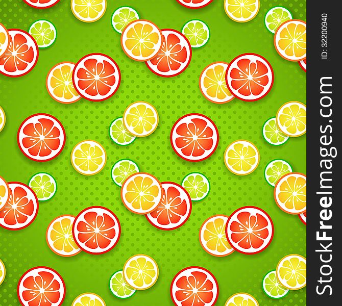 Slices of fresh citrus fruits on green polka dot