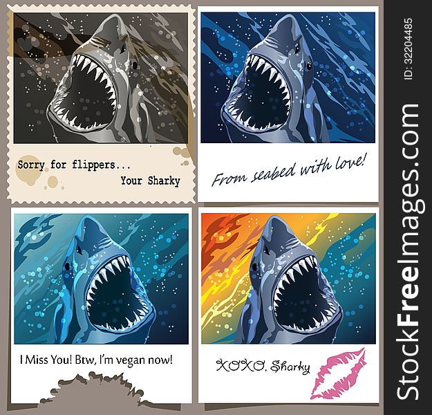Set contains four postcards with shark and funny messages drawn in various styles. Set contains four postcards with shark and funny messages drawn in various styles