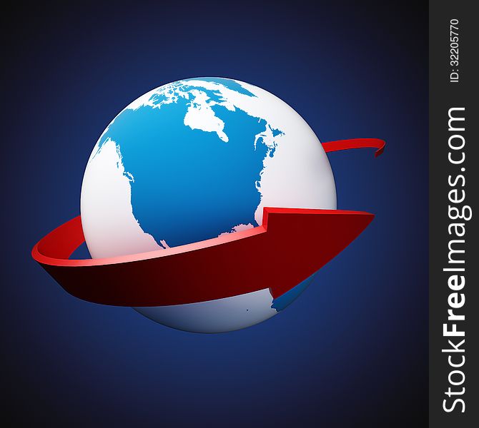 Earth and red arrow over blue background. Earth and red arrow over blue background