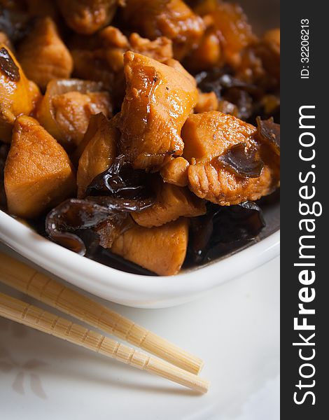 Traditional asian food with meat, chinese black mushrooms &#x28;black fungus&#x29;, onions and ginger. Traditional asian food with meat, chinese black mushrooms &#x28;black fungus&#x29;, onions and ginger