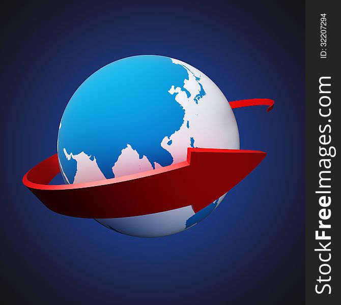 Earth and red arrow over blue background. Earth and red arrow over blue background