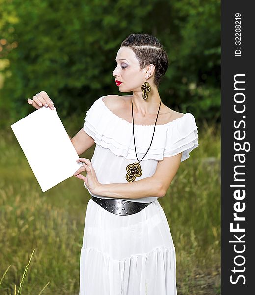 Portrait of a Girl in a White Dress and Copyspace