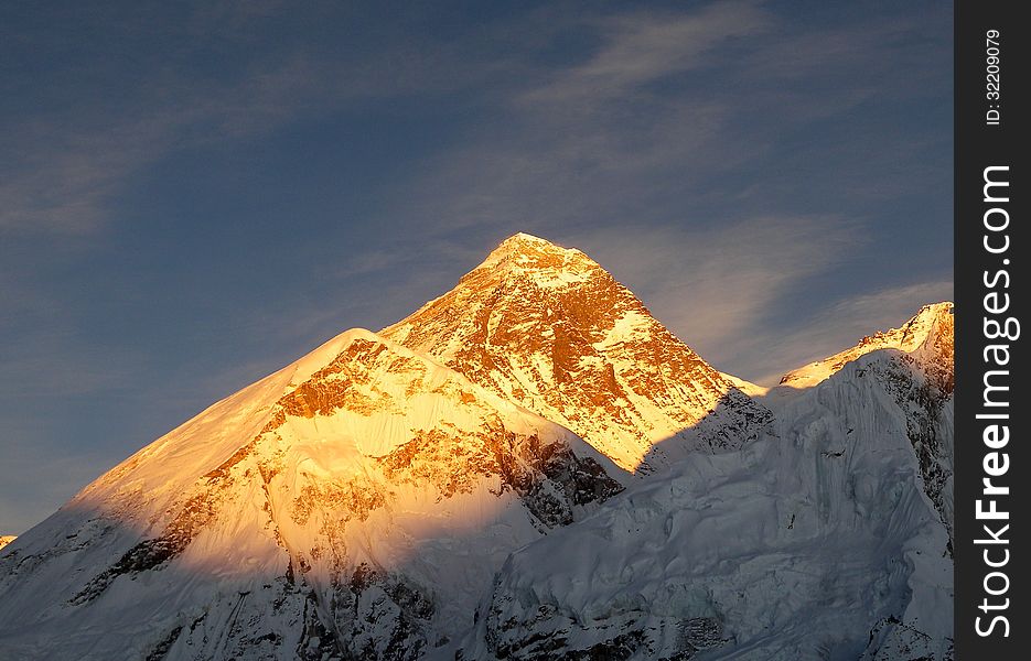 Mount Everest on the part of the mountain at sunset Gokia Rea. Mount Everest on the part of the mountain at sunset Gokia Rea