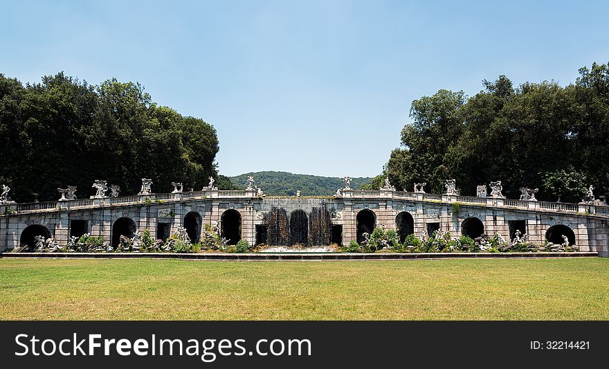 Waterfall Bridge in the gardens of the Royal Palace of Caserta, Italy